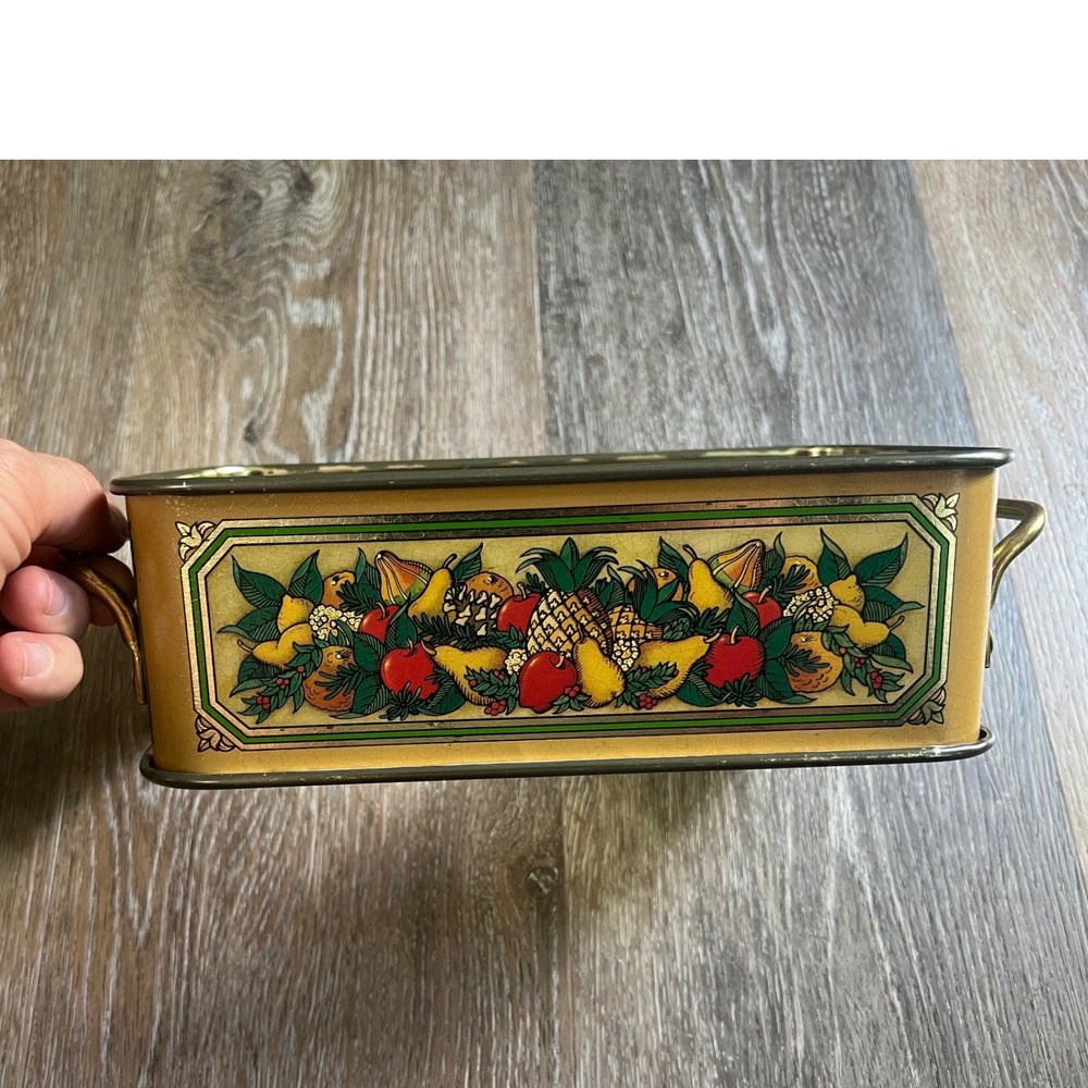 Vintage Metal Decorative Tin Yellow Fruit Motif Brass Handles Pyrex serving